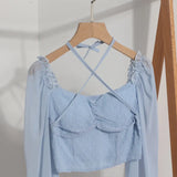 Fang Collar Leak Collar Collar Collar Short Shirt 2023 Spring Dress New Lantern Long-Sleeved Collar With Hanging Neck Shirt Women's Top