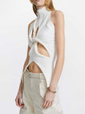 Temperament Women's Knitted Tops New High Collar Hollow Out Kink Sleeveless Solid Color Tank Tops Summer 2023