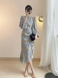 French floral women's spring dress 2022 new temperament long skirt waist slimming design niche skirt bandage