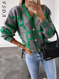 2021 V Neck Long Sleeve Caridigan Women Green Autumn Winter Knitted Sweater Loose Casual Fashion Jumper Tops