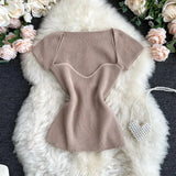 Women V-neck Knitted Short Sleeve Draw String T-shirts Crop Tops Girls Knitting Stretchy Cropped Sheath Tee Shirts For