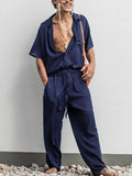 Men Solid Jumpsuit Fashion Long Sleeve Belt Single-Breasted Overalls New Streetwear Summer High Waist Lapel Work Romper For