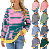 Zingj New 2024 Round Collar Stripe Splicing Split Loose Hoodie Top-Outfit