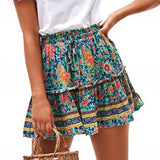 Summer Boho Pleated A Line Skirt Women Vintage Short Skirts Casual Ruffled Mini Skirt with Sashes Holiday Beach