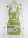 Print Short Summer Dress Women 2022 Backless Halter Bodycon Dress Sexy Club Party Mini Dress Beach Green