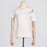 Spring Niche New Fashion Temperament Oblique Collar Head Hollow Design Sense Pure Color Short Women's