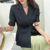 Office Ladies Single Button Blazer Elegant Short Sleeve Slim Waist Female Suit Jacket Summer Casual Women Outwear