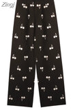 Loose Wide Leg High Waist Trousers Y2k Full Length Pants Casual Black Pantalones Women Straight Cherry Print
