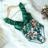 Sexy One Piece Swimsuit Female Swimwear Women Print Floral Bandage Shoulder Ruffle Brazilian Backless