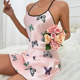 Fashion Lady Ice Silk Slip Dress Soft Skin-Friendly Home Pajamas Butterfly Print