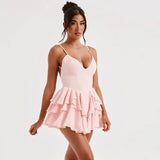 Open Back Strap Ruffled Layered Mini Dress- Outfit