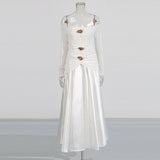 Temperament Famous Wind Style Long Dress 2025 New Bosom One-Word Shoulder Design Long-Sleeved Pin Waist Dress