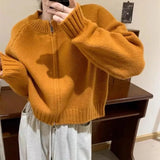 Zingj Short Round Collar Zipper Candy Color Knit Cardigan Female Autumn Winter New Show Thin Versatile Sweater Coat-Outfit