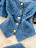 Fashion Denim Suits Cardigan Square Collar Short Sleeves Blouse+High Waist A Line Skirt Women Hotsweet Two Pieces
