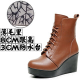 Head 12Cm High Slope And Waterproof Table Mid-Sleevel Boots With Side Zipper Women's Boots Pine Cake Plus Velvet Winter Warm Leather