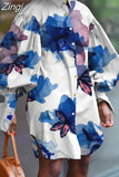 5XL Women Dress 2023 Autumn Turn Down Neck Long Lantern Sleeve Dresses Big Size Bohemain Vestidos Knee-Length