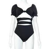 Women's Clothing 2022 Summer Solid Black Short Sleeve Hollow Out Bodysuit Beachwear Sexy Female Backless Transparent