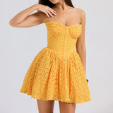 Yellow Strap Jacquard Lace Mini Dress- Outfit