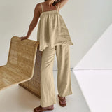 Zingj Women's Sexy Fluffy Halter Vest Wide Leg Pants Hot Girl Set 2024 Summer New Fashion 2-Piece Set-Outfit