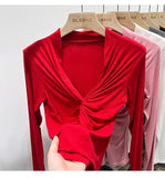 High Stretchy Tee Women's Full Sleeve Criss-Cross V-neck Tshirt Soft Sheath T-shirts Tops for