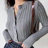 Winter Solid Color Crew Neck Knitted Sweater For Women Korean Slim Long Sleeve Top Twist Detail Cardigan Sweater