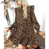 PETAL Leopard Print Ruffled Mini Dress For Women Sexy Mock Neck Long Sleeve Loose Dresses 2023 Autumn Winter Female
