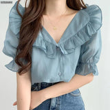 Summer Ruffled Lapel Chiffon Shirt Women Blouses Korean Style Elegant Sweet Puff Sleeve Tops Female Blusas