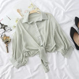 Shirts Women 2020 Summer Half Sleeve Buttoned Up Shirt Loose Casual Blouse Tied Waist Elegant Blouses For