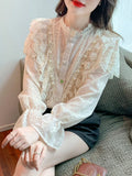 Vintage Sweet Lace Chiffon Blouse 2023 Autumn Beaded Lace Collar Shirt Lady Long Sleeve Ruffle Blusas Tops Mujer