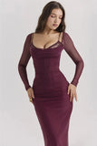 Burgundy Sheer Long Sleeve Bodycon Maxi Dress- Outfit