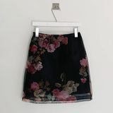 Women Summer 2 Piece Set Sexy Transparent Long Sleeve Pink Chiffon Shirt Top + High Waist Floral Print A Line Skirts