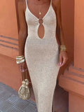Knit Cut-Out Strappy O-Neck Midi Dress- Outfit
