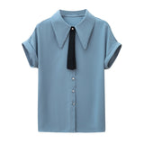 Zingj Shirt Female Summer Short Sleeve 2023 New Tie Design Sense Niche Shirt Temperament All-Match Professional