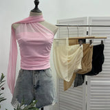 Real Shooting Mesh Ribbon Hanging Neck Folded Sleeveless Top Babes Two-Wearing Design Wrapping Bras