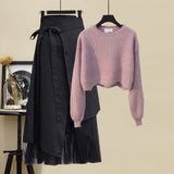 Zingj Women Winter Patchwork Long Sleeve Knitted Tops + Asymmetric Skirt 2 Piece Suit Female Party Elegant Two Piece Set 102-0-Outfit
