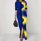 Summer New Elegant Printed Patchwork Pocket Slim Slit Long Dress Women Short Sleeve Evening Party Robe Dresses