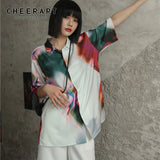 2021 Fashion Women Color Block Shirt Summer Y2k Top Short Sleeve Button Up Collared White Colorblock Designer