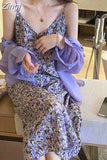 Dress Women Sexy New Slim Elegant Chic Colorful Fresh Hepburn Spaghetti Strap Korean Style Print V-neck Casual