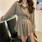 Zingj Suit Female Summer 2024 New Korean Version Long-Sleeved Shirt Dress High Waist Casual Shorts Two Sets-Outfit