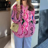 Women's Clothing 2025 New Pink Casual Wind Flowers Long-Sleeved Blouse Single-D Row V-Neck Jacket