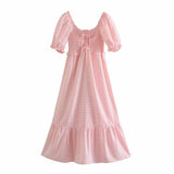 Women Pink Plaid Slash Neck A-line Summer Dress High Waist Bodycon Chic Lace Up Midi Dress For Party Holiday Femme