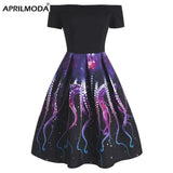 Octopus Animal Short Party Women Dress Slash Neck Black Purple 50s 60s 70s Retro Vintage Rockabilly Jurken Vestido De