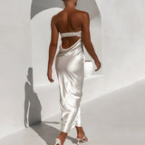 Satin Basic Strapless Midi Dress For Women Gown Summer New Hollow Out Sleeveless Backless Bodycon Party Club