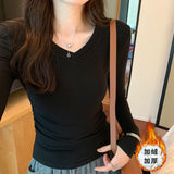 V-Collar Slim Wrinkle Waist Long-Sleeved T-Shirt Women's Autumn And Winter New Plush Plush Bottomed