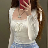 Lace Trim Stitching Square Neck Long Sleeve TeeOutfit