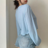 Style Women's Knitted Crop Tops Solid Sexy V-Neck Short Cardigan Mujer Loose Long Sleeve Thin Sweater Woman Top
