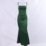 Green Satin Strappy Corset Maxi Dress-Outfit