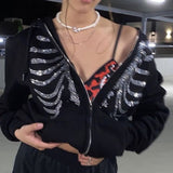 Rhinestone Skeleton Hoodies Women Gothic Black Zip Up Oversized Sweatshirts Female Retro Harajuku Hooded Jacket
