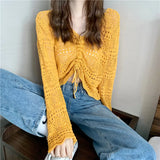 Zingj Out Thin Jacket Summer 2024 New Draw Rope V Collar Short Money Wearing Sunscreen Shirt Sweet Spicy Short Sleeve Knit Women-Outfit
