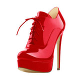 Onlymaker Women's Black Red Platform Ankle Boots High Heels Lace Up Patent leather Stiletto Sexy Lady Fashion Sexy